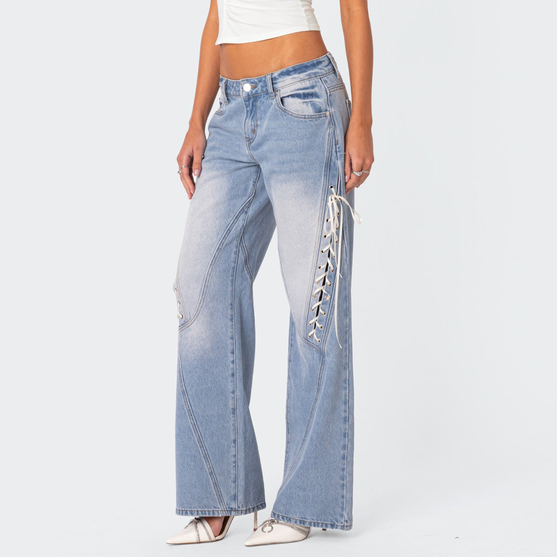 Ribbon Lace up Low Waist Denim Trousers - Vintage Jeans
