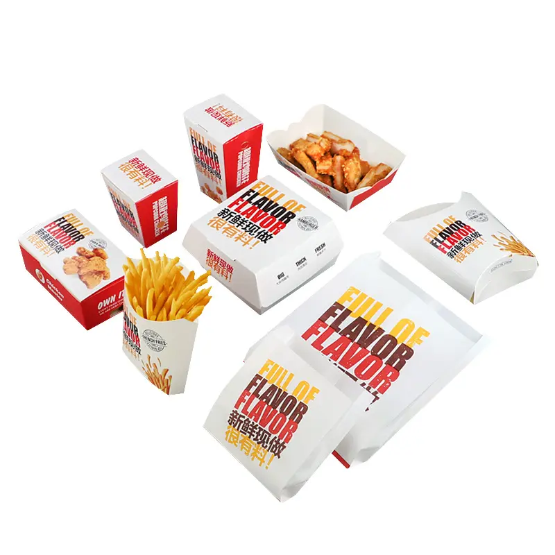 Cajas de papel recicladas con impresión personalizada, embalaje de comida rápida para patatas fritas, hamburguesa y hamburguesa