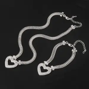 Wholesale Custom Fashion Hollow Out Fulled Diamond Heart Necklace Bracelet Sets Women Brass Gold Plating Cuban Chain Jewelry Set