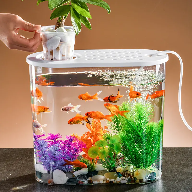 new product acrylic small fish tank accessories smart mini table fish bowl plastic tank with plant