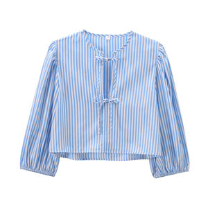 Camicia in cotone a righe da donna personalizzata Primavera 2026 con cintura in vita - Blusa a maniche lunghe cropped rilassata OEM/ODM prodotta da fabbrica di abbigliamento cinese - Product Image 1