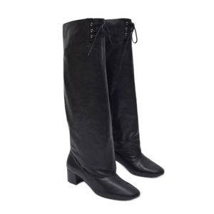 Bottes hautes pour femmes, boutons métalliques personnalisés de haute qualité, tige plissée ample, lacets, bottes longues et amples, bottes hautes jusqu'au genou - Product Image 6