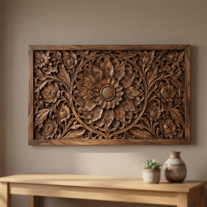 Panel de Madera de Sheesham con Relieve Floral - Arte Mural Tradicional Hecho a Mano en Color Marrón 100x60x6 cm Venta al por Mayor por Aqudus Saleem - Product Image 3