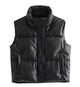 Wholesale Unisex Quilted Faux Leather Down Vest Zip Collar Sleeveless Padded Shiny Puffer Jacket Down Vest