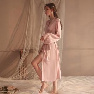 Pijama de satén elegante para mujer de alta calidad para otoño e invierno, bata larga Sexy con cordones, ropa de dormir informal cómoda para el hogar - Product Image 4