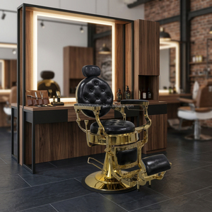 Sillón de <span class=keywords><strong>Barber</strong></span>ía de la Mejor Calidad con Base Redonda, Reclinable, en Cuero Dorado y Negro para Hombres, para <span class=keywords><strong>Barber</strong></span>ía - Product Image 5