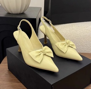 New summer French pointed-toe bow-back sandals. Wood-grain thin heel front <b>strap</b> elegant high-heeled shoes with a feminine style - Product Image 6