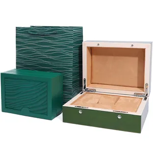 Cajas de reloj elegantes de diseño personalizado al por mayor para Cajas de Regalo de lujo con bolsas de mano caja de reloj Rolex de marca verde de madera volteada