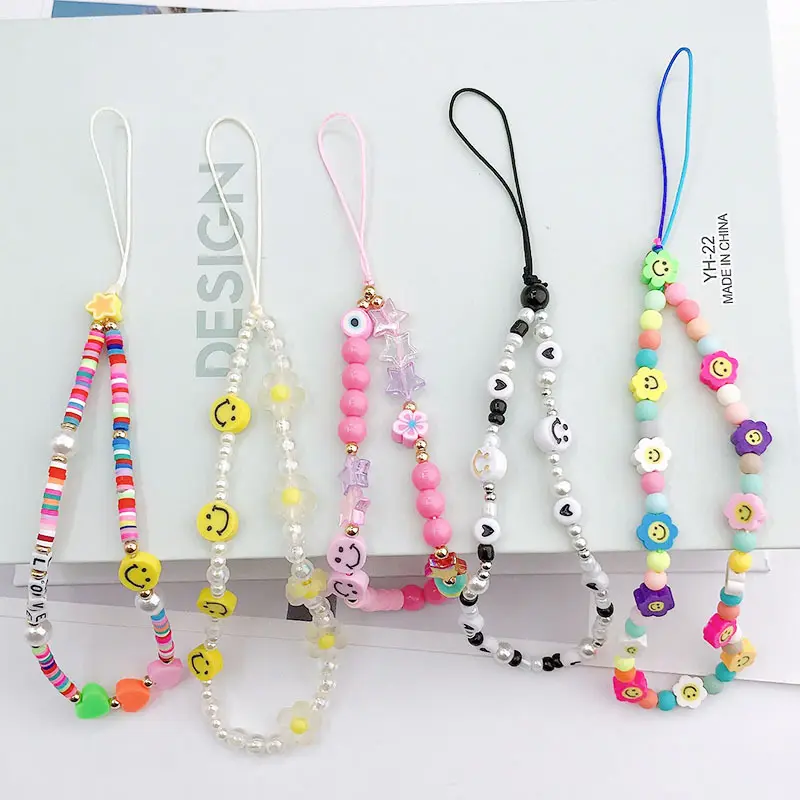 Smiley Face cellphone strap Handmade Beaded Phone Lanyard Wrist Strap beads Chain Soft Ceramic Anti Lost Mobile Phone Chain