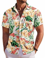 Zomerse Hawaiiaanse casual heren overhemd met korte mouwen, hoornknopen, omslagkraag, polyester, digitaal geprint 3D bloemenmotief