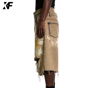XUFEI Diseño Personalizado OEM Pantalones Cortos de Mezclilla para Hombre, de Doble Cintura, Lavados, Rotos, con Bajo sin Rematar, Estilo Vintage Desgastado, 100% Algodón, Holgados - Product Image 2