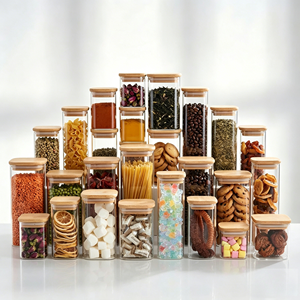 Pote de Vidro Borossilicato Quadrado com Tampa de Bambu, Vedação de Silicone Hermética, Vários Tamanhos, Livre de BPA, Seguro para Congelador, Recipiente para Armazenamento de Alimentos na Cozinha - Product Image 1