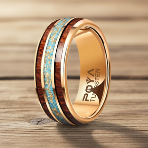 טבעת טונגסטן בצבע זהב ורוד 8 מ\\\"מ, משובצת עץ לונגן, טורקיז ונייר זהב, מתאימה לגברים ונשים כמתנה - Product Image 4