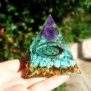 pirâmide de proteção emf Suppliers-Pirâmide ametista esférica artesanal, 60mm com cristal turquesa, pedra preciosa orgonita, proteção emf