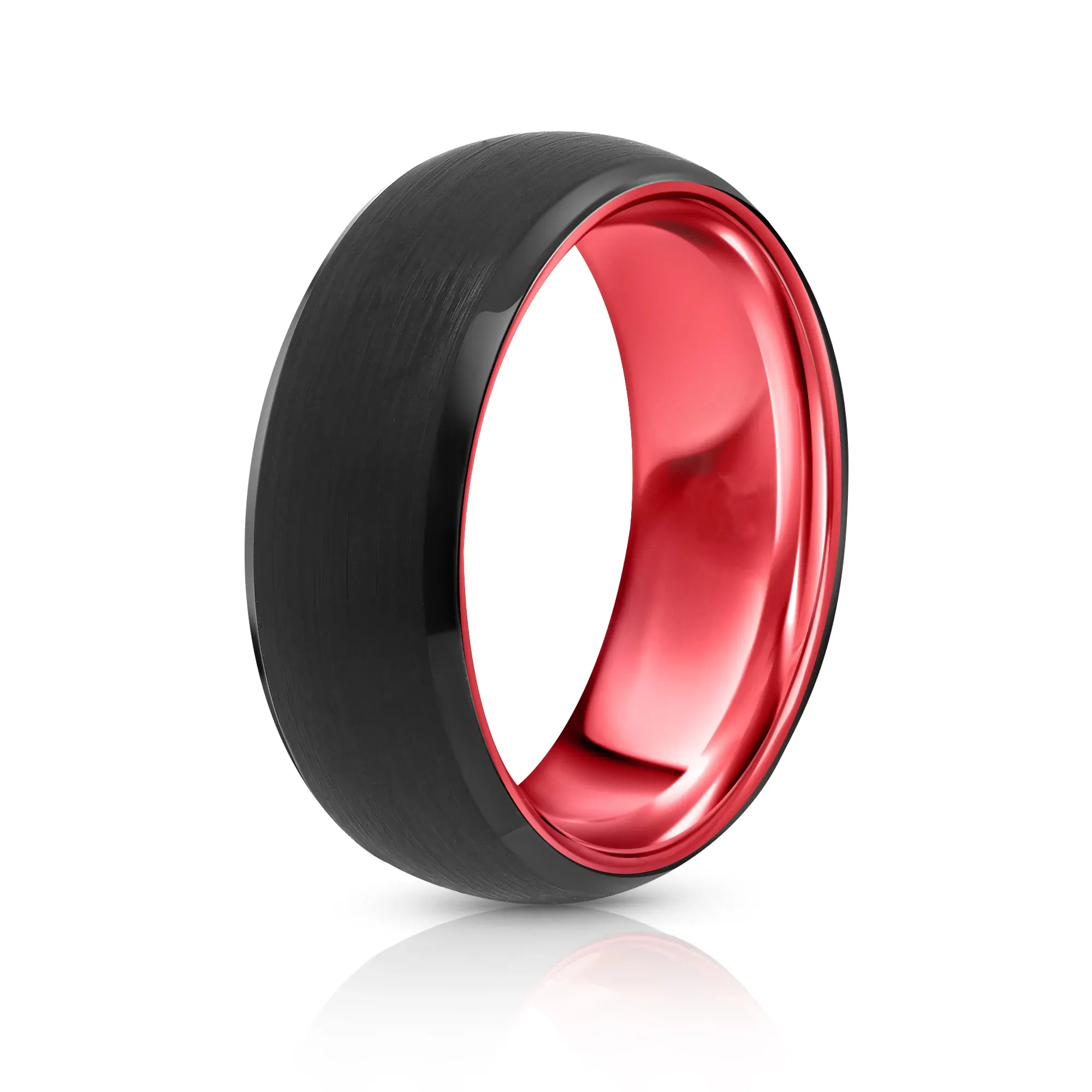 Cincin Tungsten pria, perhiasan cincin modis Matte Finish 8MM hitam dengan anodisasi merah aluminium