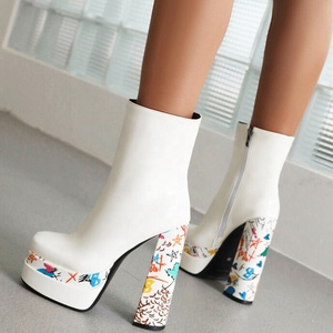 Large Feet Size 46 Women Ankle Short Platform <b>Boots</b> Colored Graffiti High Block Heels Shoes Square Toe Shoes Ladies - Product Image 4