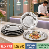 Assiettes en acier inoxydable de qualité hôtelière, motif tournesol en relief, plateau rond 30 45 48cm, qualité alimentaire, empilables, logo personnalisé