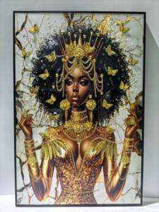 Pintura Moderna <span class=keywords><strong>de</strong></span> Lujo con Retrato <span class=keywords><strong>de</strong></span> Mujer Afroamericana, Lienzo, Cristal, Porcelana, Marco <span class=keywords><strong>de</strong></span> Metal Dorado, Arte <span class=keywords><strong>de</strong></span> Pared Hecho a Mano Ecológico - Product Image 3