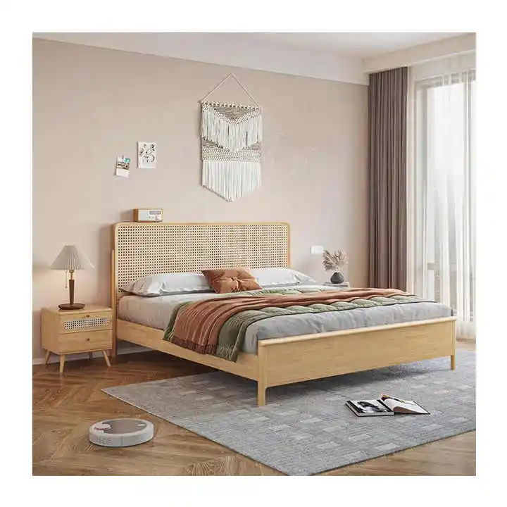 Cama queen quadro Nordic borracha madeira rattan camas de madeira quarto duplo mobiliário moderno cama king size