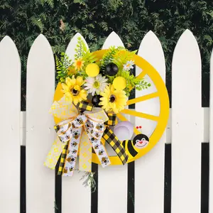 2024 Bee Festival baru populer bunga matahari busur karangan bunga menggantung ornamen simulasi bunga kayu roda Disk dekorasi pintu