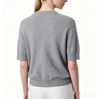 T-shirt en cachemire pur pour femme, col rond, couleur unie, manches courtes, coupe ample, doux, luxueux, tricoté, basique, pour le bureau ou décontracté