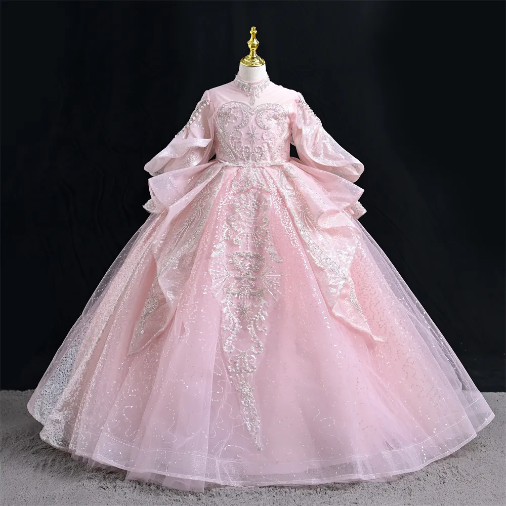 Wholesale High-End Quality Fluffy Princess Dress Pink Sequin Pearl Long Sleeves Multi-Layer Mesh Beauty Pageant Prom Party Dress