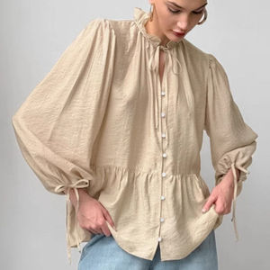 Enyami Ruffle vá làm việc dây rút Saree thời trang Tops pháp đường phố mặc giản dị lỏng đứng lên cổ áo phồng tay áo Phụ nữ - Product Image 3