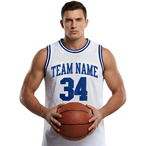Maillot de basket-ball blanc en mesh pour homme, nom de l'équipe, numéro 34, impression sublimée, sans manches, col rond, respirant - Product Image 1