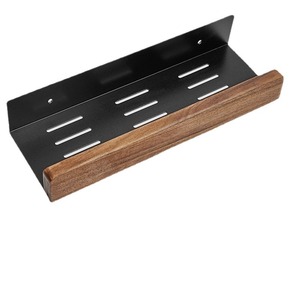 Étagère murale en bois massif à 2 niveaux avec support en fer, installation sans perçage pour salle de bain, cuisine, salon - Product Image 5