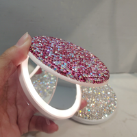 Miroir de maquillage de poche compact cosmétique rechargeable rond en diamant de luxe bling LED
