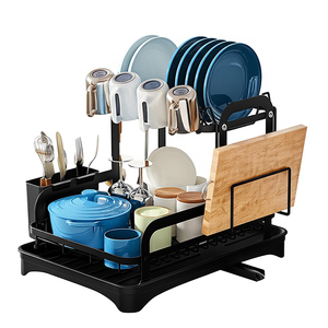 Escurridor de platos cuadrado negro de 2 niveles, contenedores de almacenamiento de despensa de cocina, estante de secado, estante grande para platos con escurridor - Product Image 1