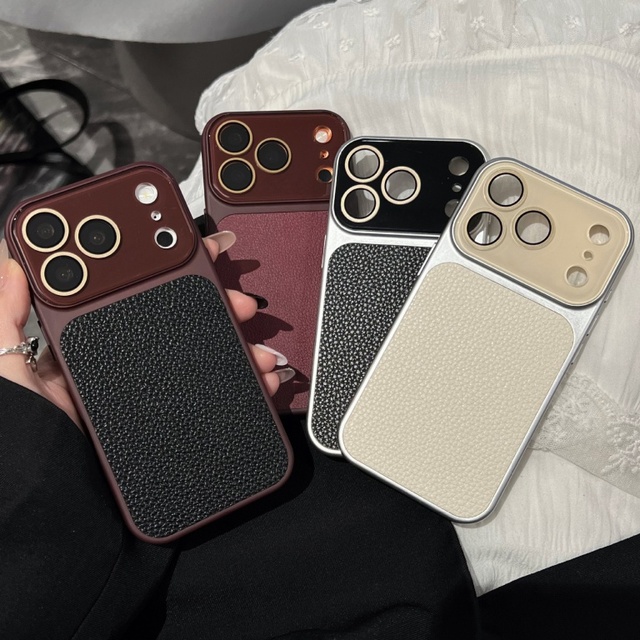 Luxury Lychee PU Leather Mobile Phone case for iPhone 17 16 15 14 Pro Max Bumper Shockproof Glass Lens Back Leather Matte Cover