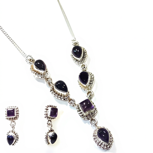 Purple Amethyst Long Chain Necklace Earrings Set 925 Sterling Silver Bezel Setting Women's Elegant Bohemian Party Gemstone - Product Image 1