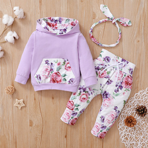 4 colori autunno 3 pezzi completi per bambini manica lunga con cappuccio stampato floreale <span class=keywords><strong>tasca</strong></span> top pantaloni fascia per capelli set di vestiti per neonate - Product Image 4