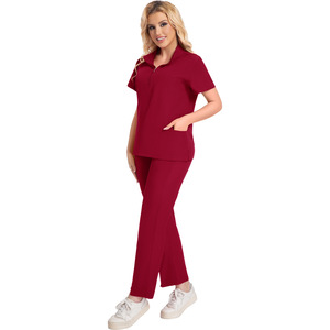 Women's Red Scrub Set With Zipper Top And Straight Leg Pants Moisture Wicking Hospital Uniform Split Set - Product Image 3