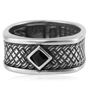 yunnique <b>Men's</b> Silver Bamboo Weave <b>Ring</b> With <b>Black</b> Stone Geometric Design Gift Jewelry - Product Image 4