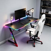 Bureau de jeu en forme de Z avec éclairage LED RVB, table d'ordinateur, surface en bois, matériau MDF, bureaux pour la maison et le bureau