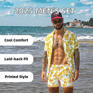 Conjunto de Dos Piezas Casual de Verano 2025 para Hombre, Estilo Hawaiano Transpirable, Pantalones Cortos de Punto de Manga Corta, Rayas y Diseños Sólidos - Product Image 2