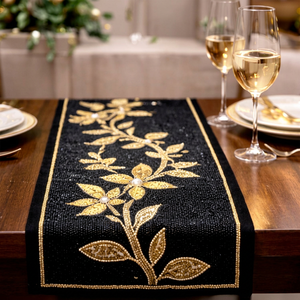 Black <b>Gold</b> Beaded <b>Table</b> <b>Runner</b> Rectangle Fabric Glam Handmade Mats & Pads - Product Image 1