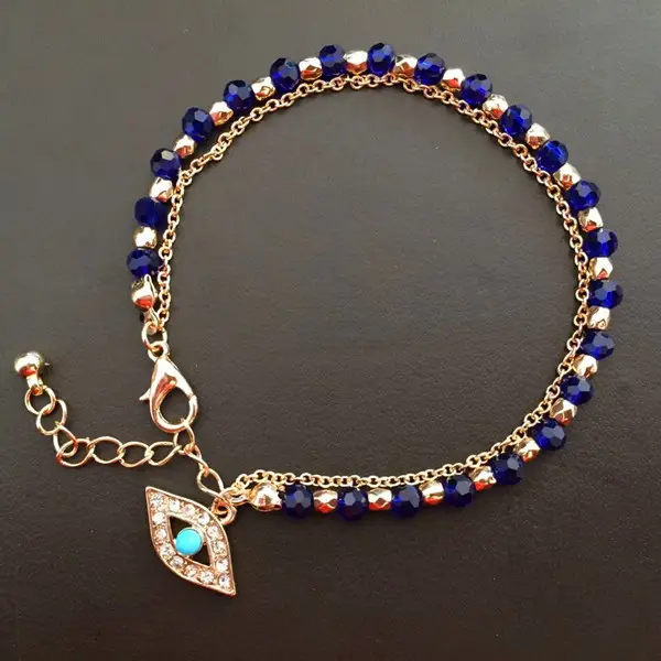 Sapphire blue rhinestone hamsa charm beaded bracelet for women