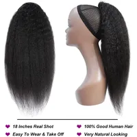 Queue de cheval brésilienne Remy Kinky Straight en cheveux humains, extension 100% naturelle, avec cordon de serrage, simple épaisseur, noir naturel # 1B Femmes