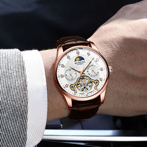 Montre mécanique automatique à tourbillon pour homme, style décontracté, cadran à aiguilles lumineuses, bracelet en cuir, résistante à l'eau 30M - Product Image 3