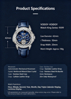Montre mécanique automatique de luxe pour homme, lunette sertie de diamants, bracelet en cuir véritable, aiguilles lumineuses, affichage multi-calendrier, montre-bracelet