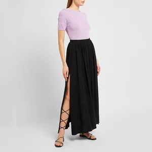 Custom Embroidery Causal Elegant Chiffon Pleated High Waist Split Maxi Skirt For Women