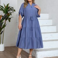 Nouvelle Robe Chemise Tissée Unie Grande Taille pour Femme, Col en V, Manches Mi-longues, Boutons, Cordon de Serrage, Jupe Évasée, Élégante et Simple