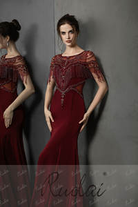 Ruolai PEV-L3138 Abito da Sera di Lusso con Maniche a Sbuffo e Frange, Stile <span class=keywords><strong>Sirena</strong></span> in Crepe per Feste e Cerimonie - Product Image 6