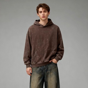 Sweat à capuche décontracté pour homme TKAN198D, grande taille, en coton épais délavé à l'acide, avec poches et motif brodé imprimé printanier - Product Image 1