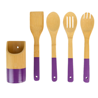 Ensemble d'ustensiles de cuisine en bois de bambou naturel artisanal avec spatule et cuillère à manche coloré, cadeaux promotionnels avec design suspendu