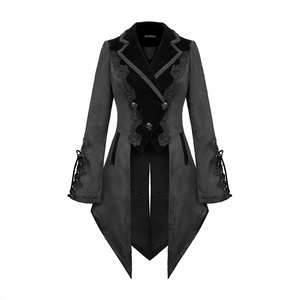 Fashioned Women's Gothic-Aristocrat Coat In Black With Embroidered Dovetail-Collar Hooded Waterproof Faux-Fur Pocket Decoration - Product Image 1