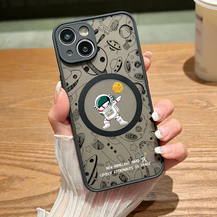 Luxury Cute Cartoon Astronaut Magnetic Translucent Phone Case For iPhone 15 Pro Max 14 13 12 Anime Cases Cover